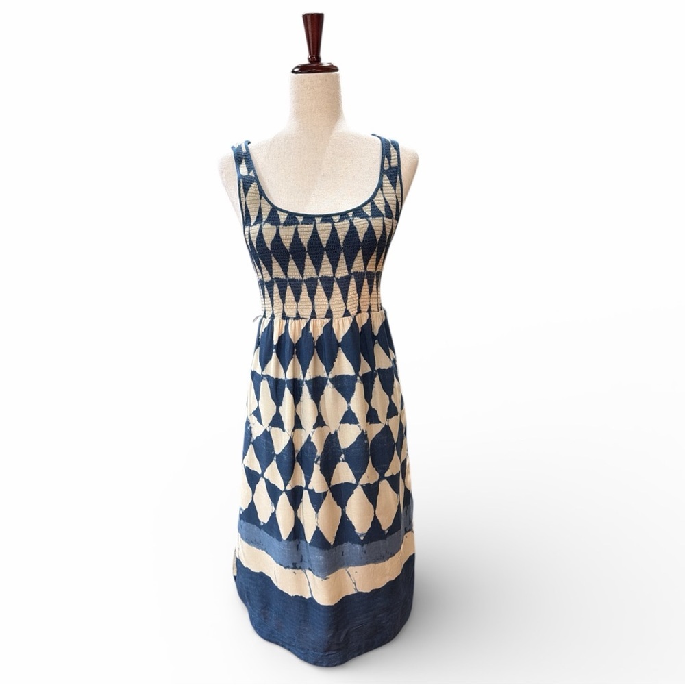 Maeve Blue and Cream Geometric Midi Dress - Picture 2 of 8